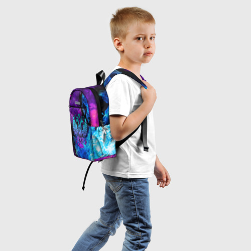 Детский рюкзак 3D с принтом НЕОНОВЫЙ ГЕРБ РОССИИ ОГОНЬ / NEON FIRE, вид сзади #1
