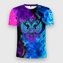 Неоновый герб России огонь neon fire – Мужская футболка 3D Slim с принтом купить со скидкой в -9%