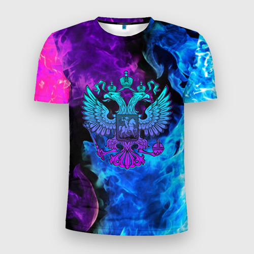Мужская футболка 3D Slim Неоновый герб России огонь neon fire, цвет 3D печать