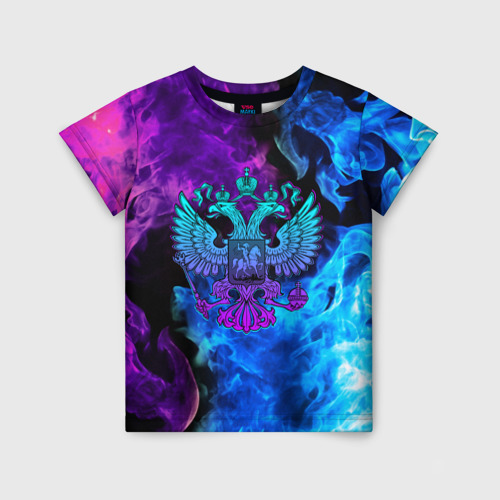 Детская футболка 3D Неоновый герб России огонь neon fire, цвет 3D печать