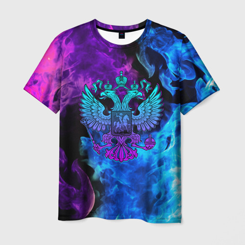 Мужская футболка 3D с принтом Неоновый герб России огонь neon fire, вид спереди #2