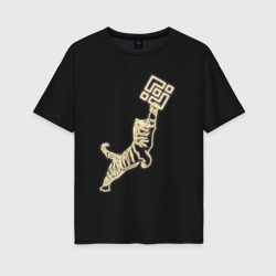 Женская футболка хлопок Oversize Бинанс с тигром в неоновом свечении