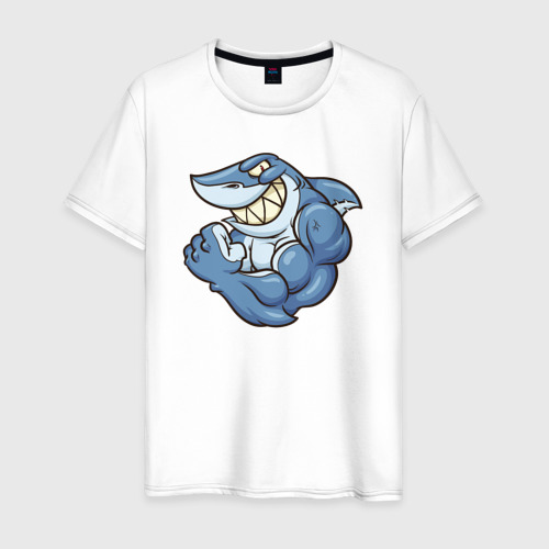 Мужская футболка из хлопка с принтом Акула с бицухой shark, вид спереди №1