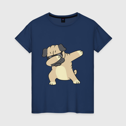 Женская футболка хлопок с принтом Дэббинг мопс в чёрных очках  - Dabbing dog), вид спереди #2