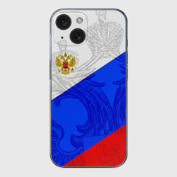 Чехол для iPhone 15 силиконовый с защитой камеры Российский герб триколор