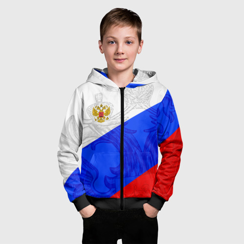 Детская толстовка 3D на молнии с принтом Российский герб триколор, фото на моделе #1