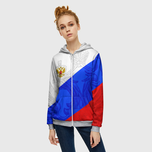 Женская толстовка 3D на молнии Российский герб триколор, цвет меланж - фото 3