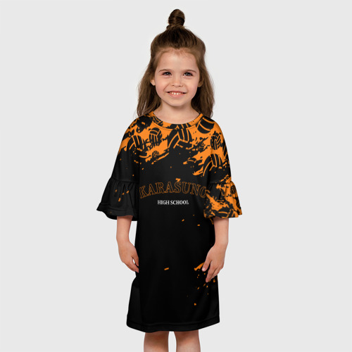 Детское платье 3D с принтом KARASUNO HIGH SCHOOL | ОРАНЖЕВАЯ, вид сбоку #3