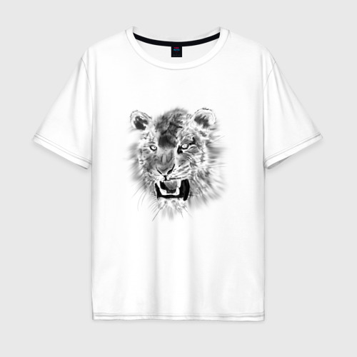 Мужская футболка хлопок Oversize с принтом Футболка две стороны морда тигра и след тигра, вид спереди #2