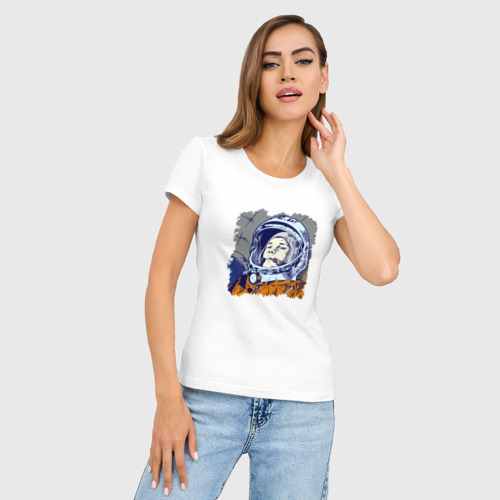 Женская футболка хлопок Slim Gagarin Never forget, цвет белый - фото 3