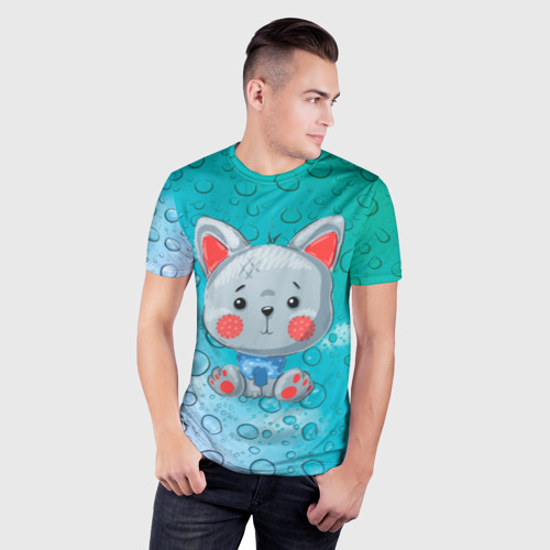 Мужская футболка 3D Slim с принтом Серый маленький волк, фото на моделе #1