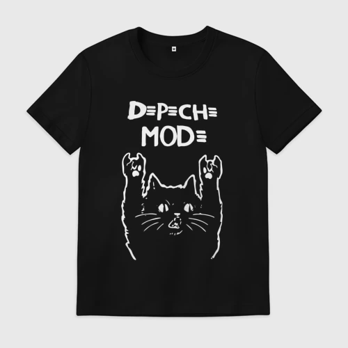 Мужская футболка хлопок с принтом Depeche Mode Рок кот, вид спереди #2