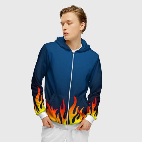 Мужская толстовка 3D на молнии с принтом Пламя огня синий фон, фото на моделе #1