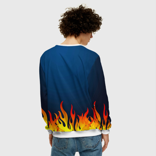 Мужской свитшот 3D с принтом Пламя огня синий фон, вид сзади #2