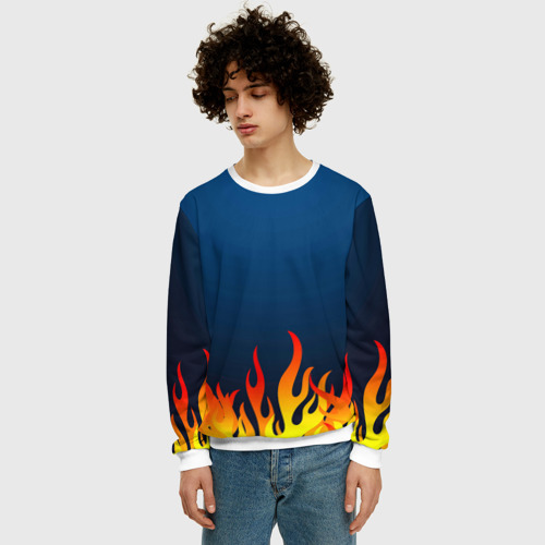 Мужской свитшот 3D с принтом Пламя огня синий фон, фото на моделе #1