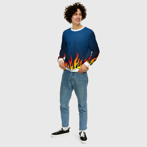 Мужской свитшот 3D с принтом Пламя огня синий фон, вид сбоку #3