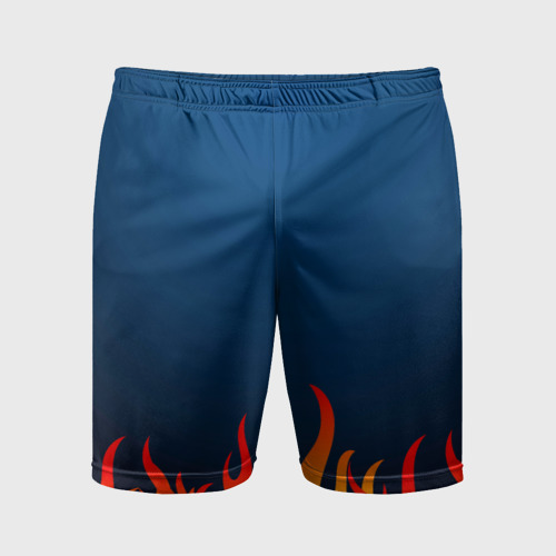 Мужские шорты спортивные с принтом Пламя огня синий фон, вид спереди #2