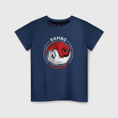 Детская футболка из хлопка с принтом Самбо тренировки и борьба, вид спереди №1