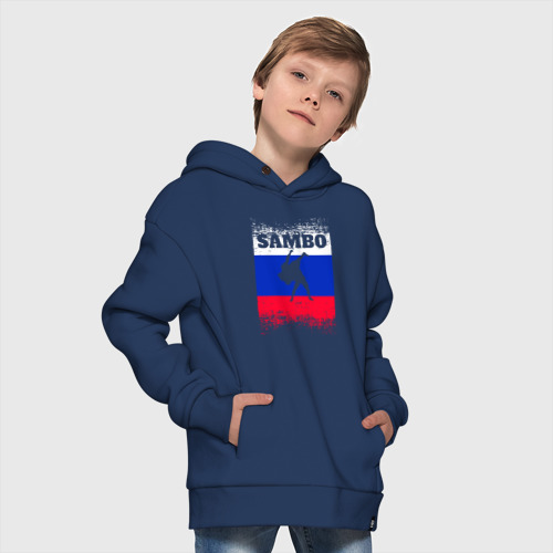 Детское худи Oversize хлопок Самбо флаг РФ, цвет темно-синий - фото 9