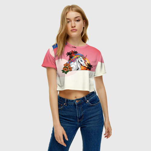 Женская футболка Crop-top 3D Летний единорог, цвет 3D печать - фото 3