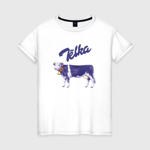 Женская футболка из хлопка с принтом Milka Тёлка, вид спереди №1