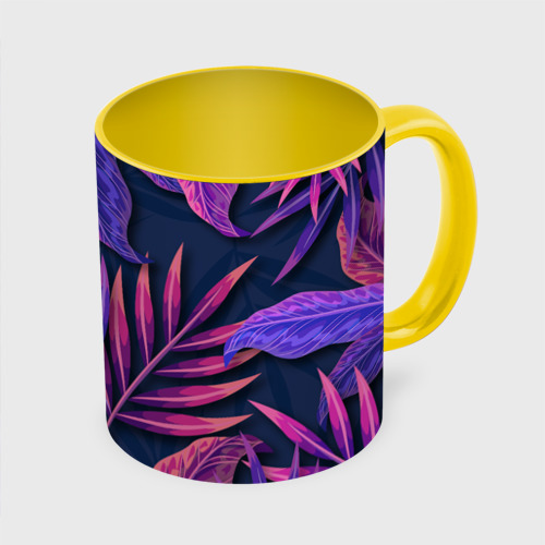 Кружка с полной запечаткой Neon Tropical Plants pattern, цвет белый + желтый - фото 3