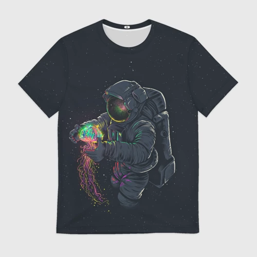 Мужская футболка 3D с принтом Космонавт и медуза, вид спереди #2