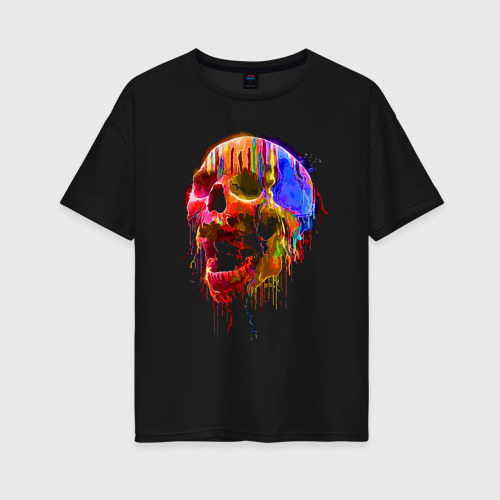 Женская футболка хлопок Oversize Color skull Neon Fashion, цвет черный