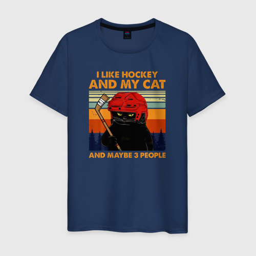 Мужская футболка хлопок Я люблю хоккей и моего кота, ну и может 3 человек, цвет темно-синий