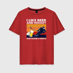 Женская футболка хлопок Oversize Я люблю пиво и хоккей, и может быть 3 людей