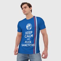 Футболка с принтом Keep calm and fuck sanctions для мужчины, вид на модели спереди №2. Цвет основы: белый