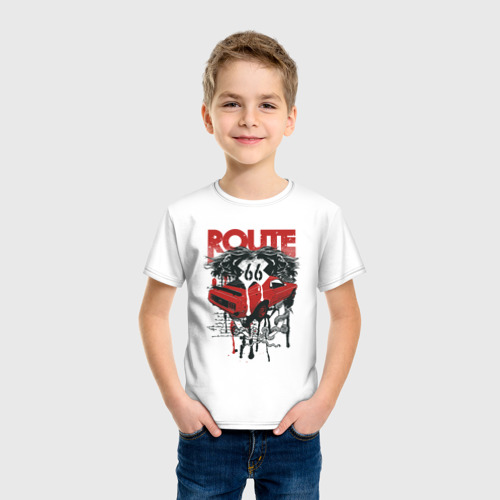 Детская футболка хлопок с принтом Ford Route 66, фото на моделе #1