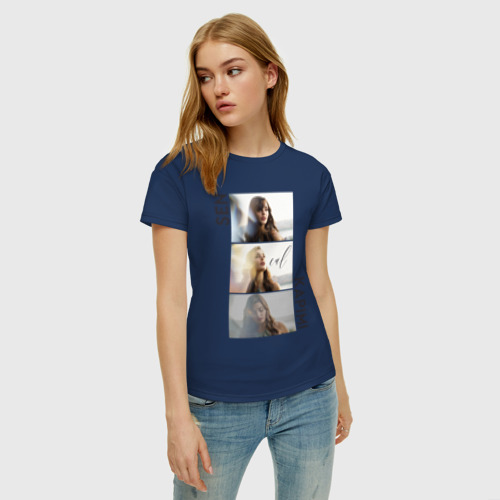 Женская футболка хлопок Эда - Постучись в мою дверь, цвет темно-синий - фото 3