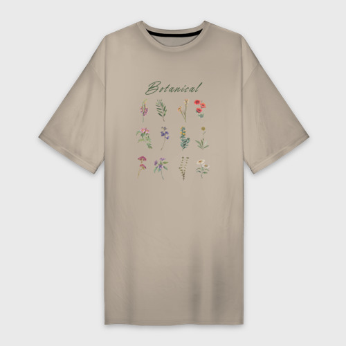Платье-футболка хлопок Botanical разные растения ботаника, цвет миндальный