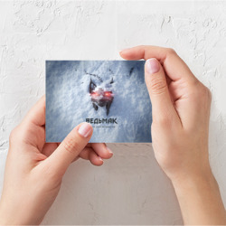 Открытка с принтом Волк на снегу Ведьмак 4 для любого человека, вид спереди №2. Цвет основы: белый