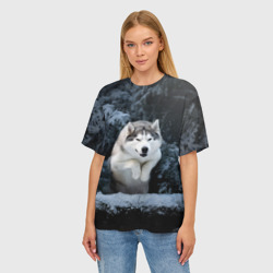 Женская футболка oversize 3D Хаски в зимнем лесу, Husky - фото 2