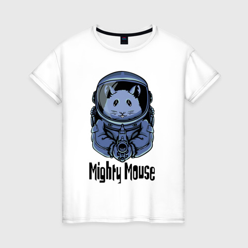 Женская футболка из хлопка с принтом Могучий мышонок, вид спереди №1