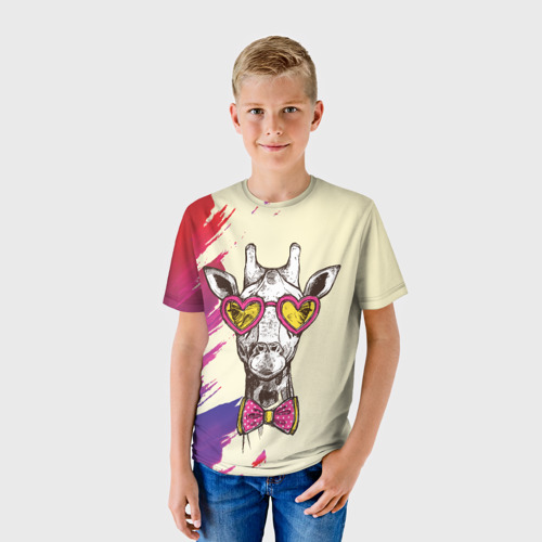 Детская футболка 3D с принтом Жираф хипстер!, фото на моделе #1