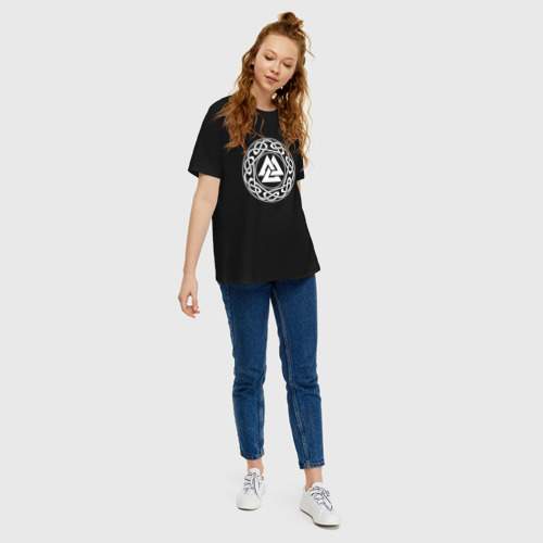 Женская футболка хлопок Oversize с принтом Валькнут символ Бога Одина, вид сбоку #3
