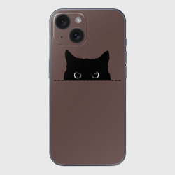 Чехол для iPhone 15 силиконовый с защитой камеры Черная кошка выглядывает из укрытия