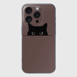 Чехол для iPhone 16 Pro Max силиконовый с защитой камеры Черная кошка выглядывает из укрытия