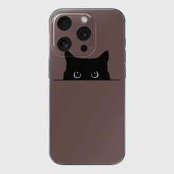 Чехол для iPhone 15 Pro силиконовый с защитой камеры Черная кошка выглядывает из укрытия
