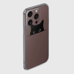 Чехол для iPhone 15 Pro силиконовый с защитой камеры Черная кошка выглядывает из укрытия - фото 2