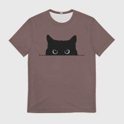 Мужская футболка 3D Черная кошка выглядывает из укрытия