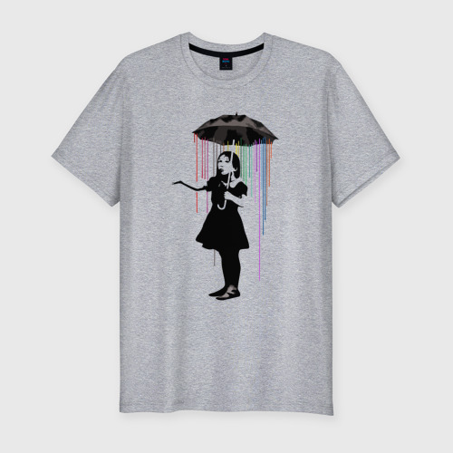 Мужская футболка хлопок Slim с принтом BANKSY | БЭНКСИ девушка под зонтом, вид спереди #2