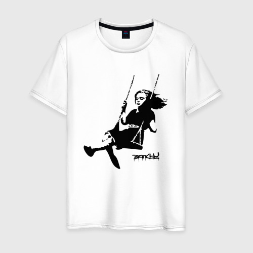 Мужская футболка из хлопка с принтом Banksy Бэнкси девочка на качелях, вид спереди №1