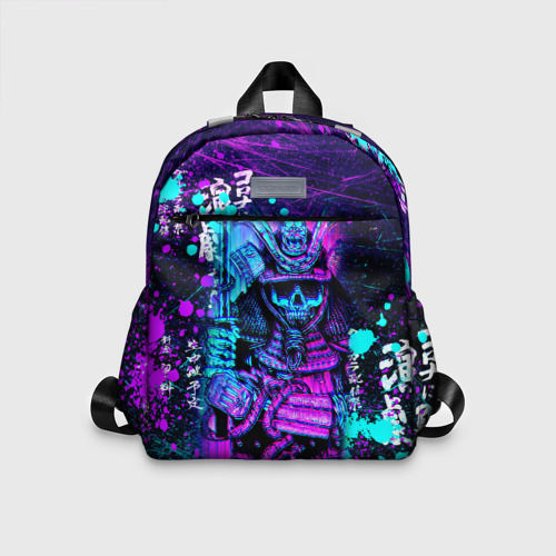 Детский рюкзак 3D с принтом Неоновый Японский Самурай | Neon Samurai Skull, вид спереди #2