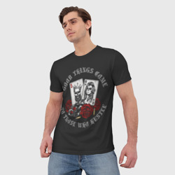 Мужская футболка 3D Карты с черепами короля, розы и кастет - Good things come to those who hustle - фото 2