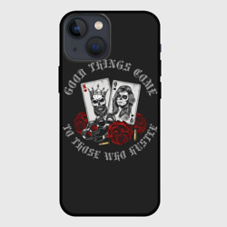 Чехол для iPhone 13 mini Карты с черепами короля, розы и кастет - Good things come to those who hustle