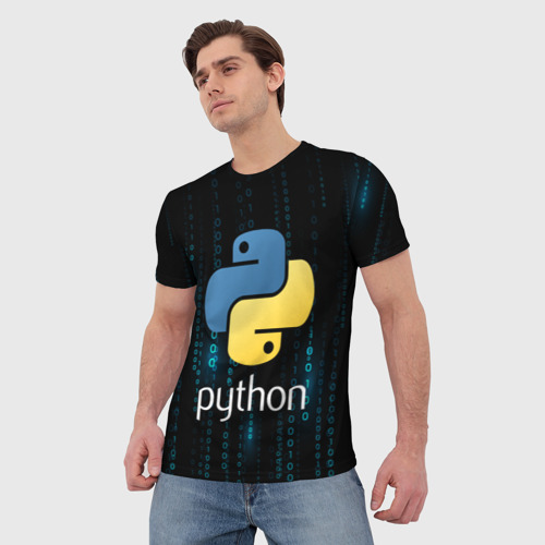 Мужская футболка 3D с принтом Python двоичный код, фото на моделе #1